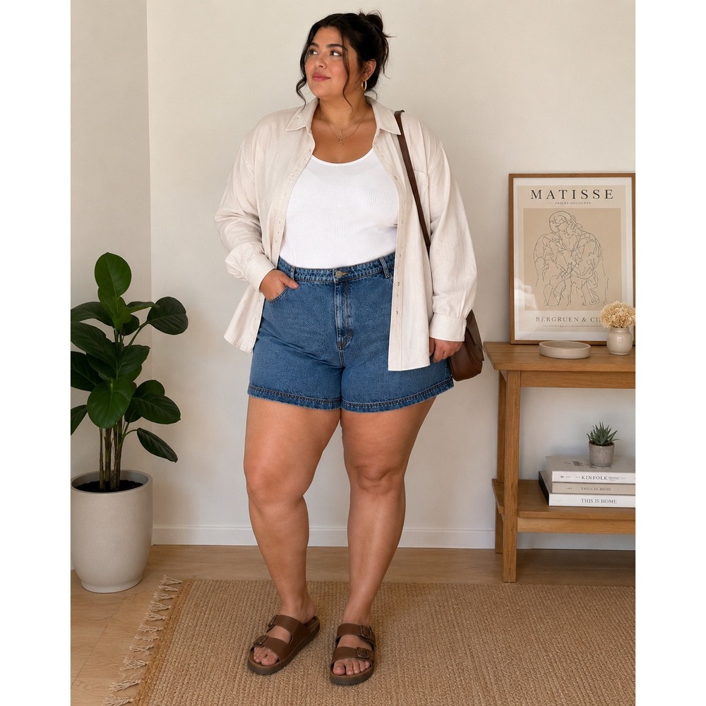 Lucy + Yak Lexi Denim High Waist Shorts Mid Wash Blue W44 US20 Classic Casual